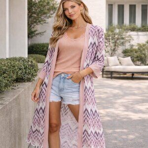 Mystree Chevron Ikat Duster Kimono Cardigan | Long Open Front | Boho Layering